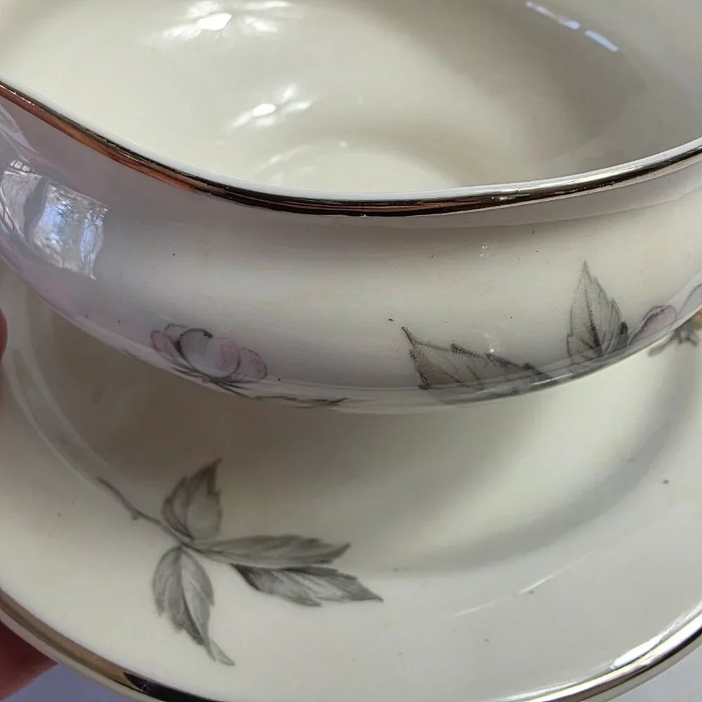 Manor House Spring Glory Gravy Boat & Underplate Pink & White Floral Gray Leaves